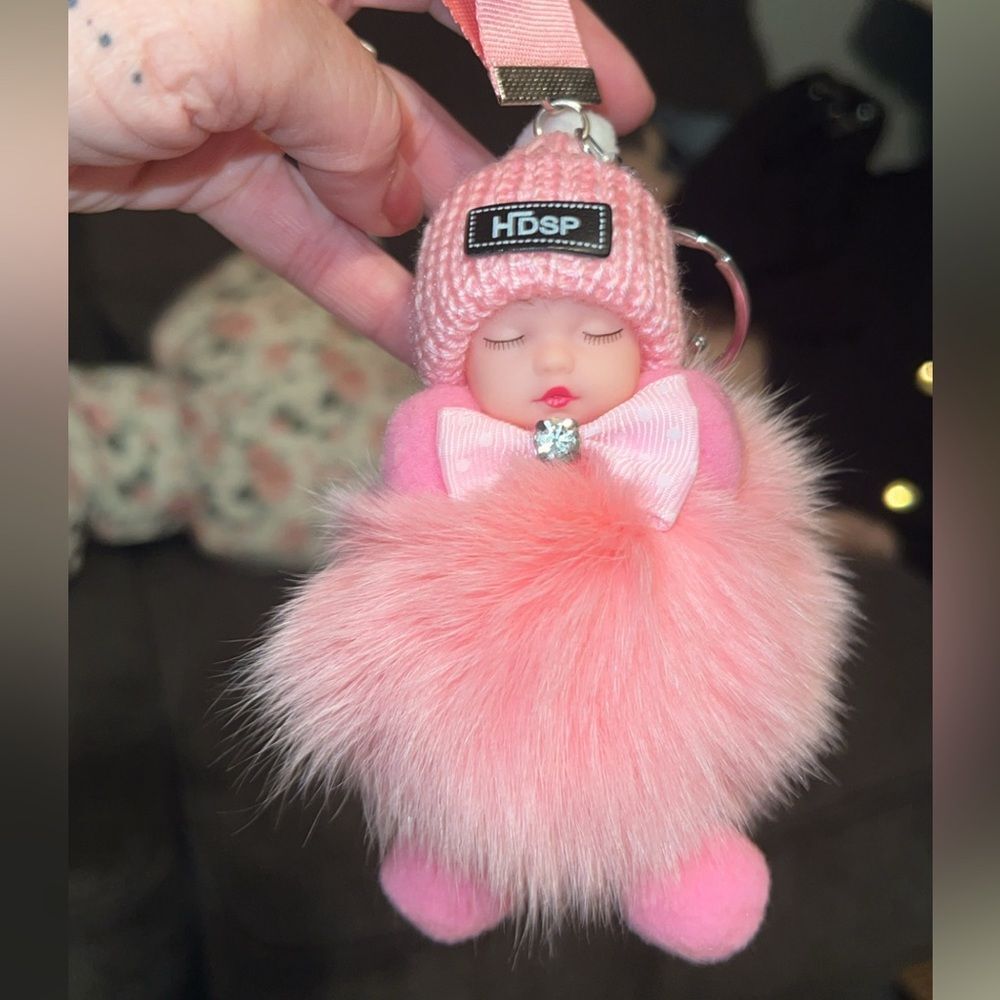 Plush Keychain - Pink Faux Fur Doll - Picture 4 of 16